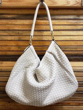 Antonio Melani White Woven Intrecciato Style Leather Hobo Bag Braided Handle